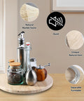 Natural Travertine Lazy Susan Turntable Organizer with kitchen items on countertop, showing natural stone and silent rotation features.
