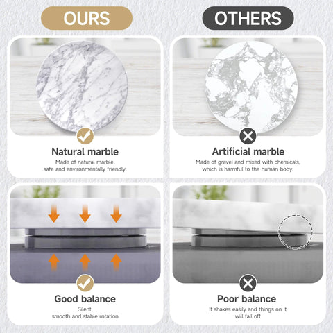 Comparison of natural vs. artificial marble cake turntables highlighting material quality and stability.
