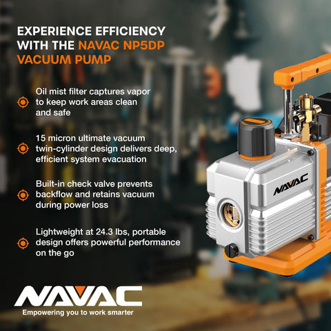 Pro Grade Navac NP5DP HVAC Vacuum Pump With Dual Stage AC Motor, highlighting oil mist filter and check valve features