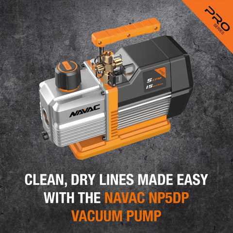 Pro Grade Navac NP5DP HVAC Vacuum Pump With Dual Stage AC Motor, 5 CFM Flow, 15 Microns Vacuum, shown with check valve