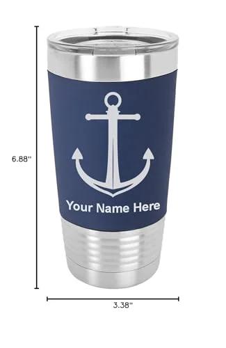 Twenty Oz Vacuum Insulated Tumbler Mug With Dope Boat Anchor Design In Navy Blue Silicone Grip And Personalized Engraving
