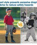 Child playing baseball wearing knicker baseball pants with elastic hem, comparing safety features with another pair.
