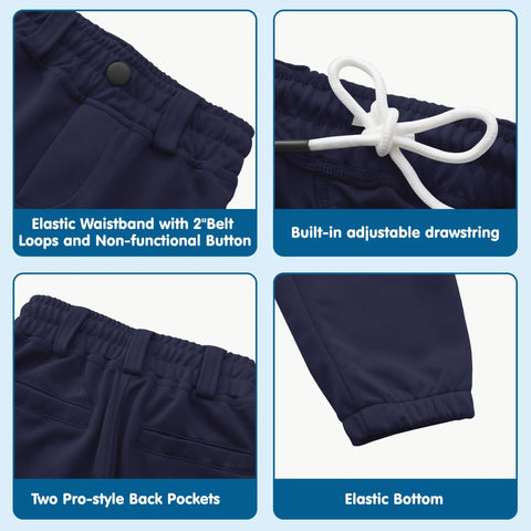 Close-up details of Knicker Baseball Pants For Toddlers And Youth Boys Girls Navy Blue With Belt Loops Kid Approved.