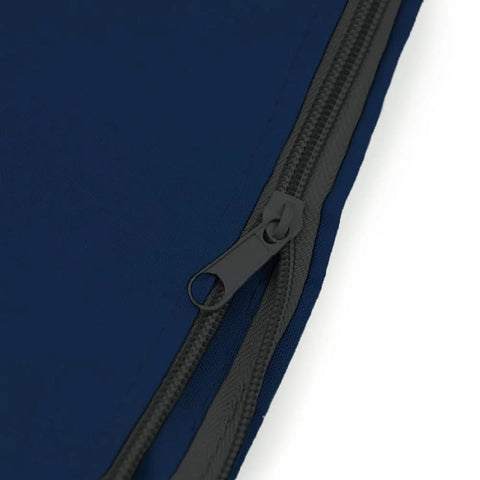 Close-up of navy waterproof outboard motor cover zipper and marine grade polyester material