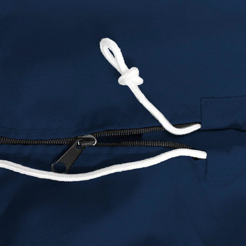 Close-up of navy waterproof outboard motor cover zipper and drawstring, made from marine-grade polyester for boats up to 76x65 inches.