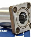 ✝️ NB SWSK20G 1-1/4" Bushings Resin cage Square Flange Linear Motion in metal, front view, automation component on packaging