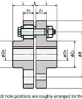 NBK FCL-160 Flexible Flanged Shaft Coupling - Made in Japan dimensions and bolt hole details, front and side views.