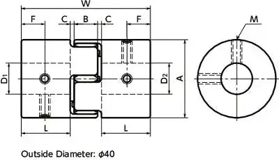 Technical drawing of NBK Japan MJC-14CS-EBL 4mm to 3/16" inch Jaw-type Flexible Coupling showing dimensions and design details