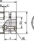 NBK Japan MJB-40-EBL 11mm to 20mm Jaw-type Flexible Coupling technical drawing dimensions