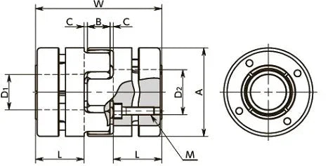 NBK Japan MJB-40-EBL 11mm to 20mm Jaw-type Flexible Coupling technical drawing dimensions