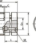 Technical diagram of NBK Japan MJB-40-RD 18mm to 20mm Jaw-type Flexible Coupling, showing dimensions and structure.
