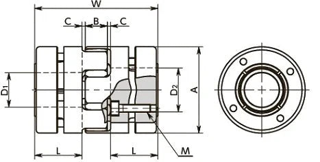 Technical diagram of NBK Japan MJB-40-RD 18mm to 20mm Jaw-type Flexible Coupling, showing dimensions and structure.