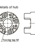 Details of NBK Japan MJB-55-EBL 10mm to 10mm Jaw-type Flexible Coupling hub design, with forcing tap feature.