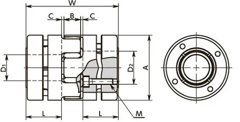 NBK Japan MJB-65-EGR 24mm to 24mm Jaw-type Flexible Coupling engineering diagram with dimensions.