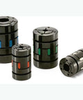 NBK Japan MJB-80-ERD 22mm to 24mm Jaw-type Flexible Coupling different sizes with colored accents on black body.