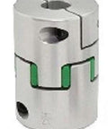 NBK Japan MJC-20-EWH 4mm to 1/4" Jaw-type Flexible Coupling, front view, silver with green inserts, metal construction