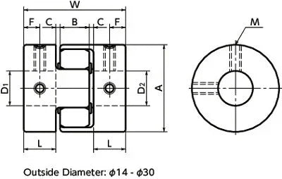 Technical drawing of NBK Japan MJC-30CSK-EWH 10mm to 14mm Jaw-type Flexible Coupling dimensions and measurements.