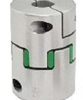 NBK Japan MJC-55CSK-EWH 10mm to 11mm Jaw-type Flexible Coupling in silver with green accents, showing intricate design and flexible joints.