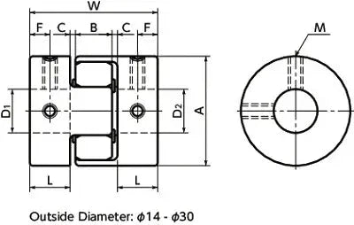 Technical drawing of NBK Japan MJC-20CS-WH 5/16" inch to 5/16" inch Jaw-type Flexible Coupling with dimensions labeled.