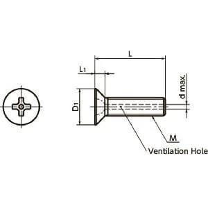 Technical drawing of 10-Pack Made in Japan SVFS-M5-10 NBK Cross Recessed Flat Head Machine Vacuum Vented Screws with ventilation hole.