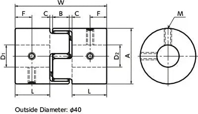 Technical diagram of NBK Japan MJC-14CS-ERD 4mm to 3/16" inch Jaw-type Flexible Coupling with measurements and design details