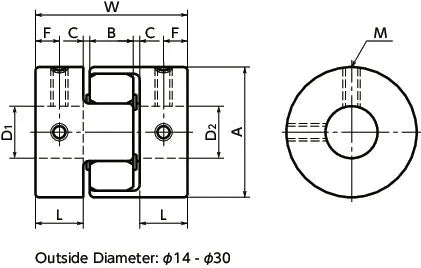 Technical drawing of NBK Japan MJC-20-BL 4mm to 9.525mm Jaw-type Flexible Coupling with dimensions displayed