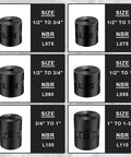 Multiple NBR couplings, sizes 1/2" to 3/4", including 1/2" to 3/4" L075 Flexible 3-Piece L-Jaw Coupling Coupler Set for equipment.