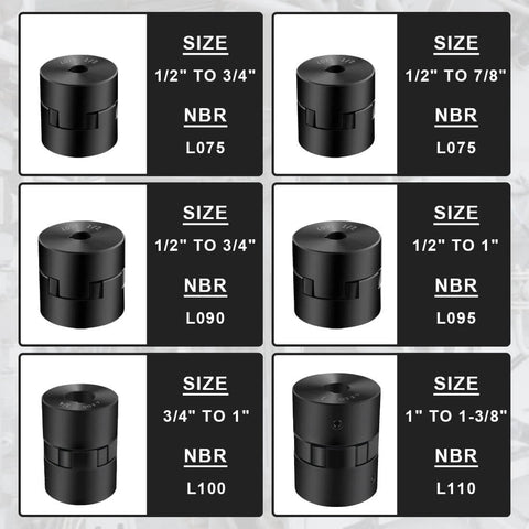 Multiple NBR couplings, sizes 1/2" to 3/4", including 1/2" to 3/4" L075 Flexible 3-Piece L-Jaw Coupling Coupler Set for equipment.