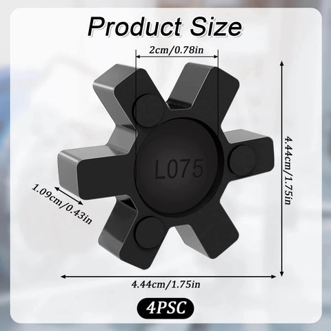 L075 Flexible NBR Rubber Spider Center Insert, 4 Pack, Solid Coupling Pad, front view, with dimensions.