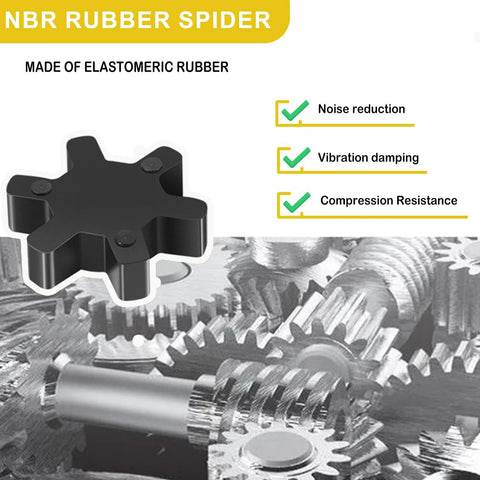 NBR rubber spider for L-Jaw flexible coupling, shown above gears, highlights noise reduction, vibration damping, and compression resistance.
