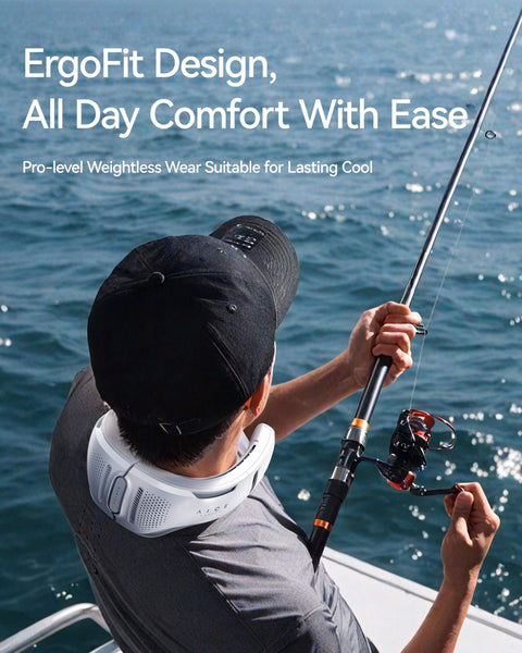 Person wearing Aice Lite Plus 2025 Neck Cooling Fan With 6000mAh Battery while fishing on a boat