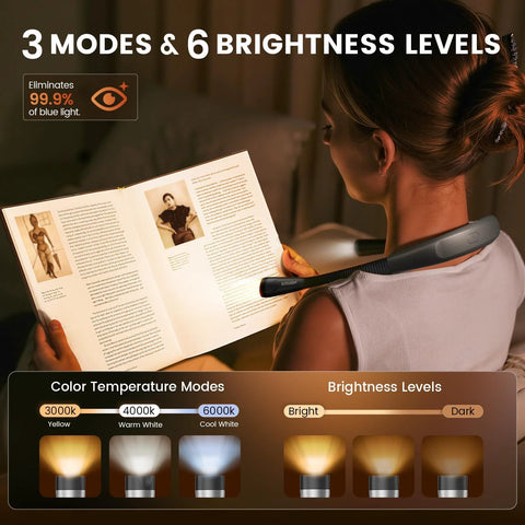 Woman using Three Color Temperature Modes And Six Brightness Levels Bendable Neck Reading Light USB Rechargeable Battery.
