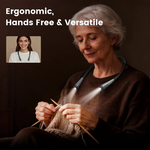 Woman knitting with Three Color Temperature Modes And Six Brightness Levels Bendable Neck Reading Light USB Rechargeable Battery