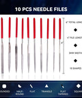 10-piece needle file set with red handles, showing various shapes and sizes for detailed work in HVAC and plumbing.
