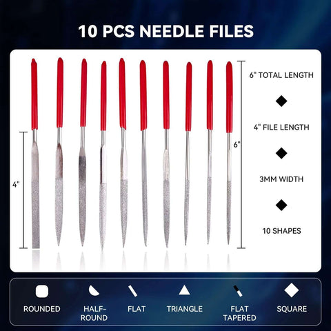 10-piece needle file set with red handles, showing various shapes and sizes for detailed work in HVAC and plumbing.