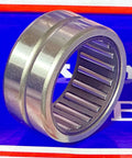 NK32/20 Needle roller bearing 32x42x20mm - Machined Type, close-up view of metal bearing without inner ring on blue background.