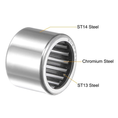 Close-up of Needle Roller Bearing Set SCE1212 with ST14 steel cup and ST13 cage, showing construction details.