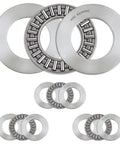 Four Piece AXK2035 Plus 2AS Needle Roller Thrust Bearings Set 20x35x2mm with washers, chrome steel, displayed in various angles.