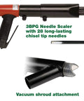 Heavy-Duty Needle Scaler With Vacuum Shroud, Air Powered Pistol Grip, 2200 BPM, 28 Needles, All Steel Internal Construction