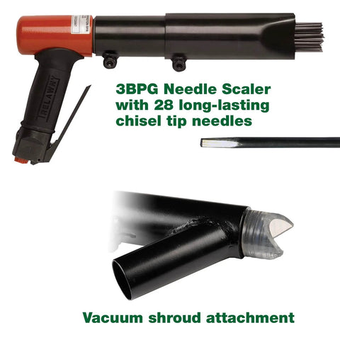 Heavy-Duty Needle Scaler With Vacuum Shroud, Air Powered Pistol Grip, 2200 BPM, 28 Needles, All Steel Internal Construction