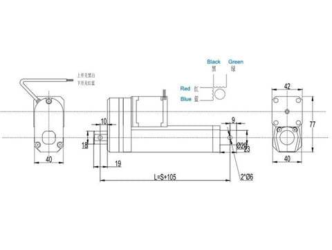 Technical drawing of NEMA 17 stepper linear actuator 900N thrust showcasing dimensions and mechanical details.