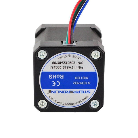 Nema 17 Stepper Motor Bipolar 2A 59Ncm(84oz.in) 48mm Body 4-Lead W/ 1m Cable and Connector, top view showing label and connections.