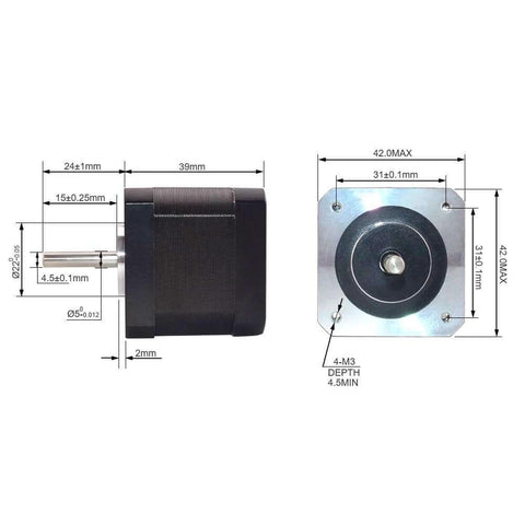 Side and front view dimensions of Nema 17 Stepper Motor 1.5A 63.74oz.in 39mm Body with 1m Cable and Connector for DIY CNC/ 3D Printer