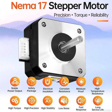Nema 17 Stepper Motor 1.8° 2 Phase High Torque 0.13Nm Bipolar 42x21mm shown with precision and reliability icons.