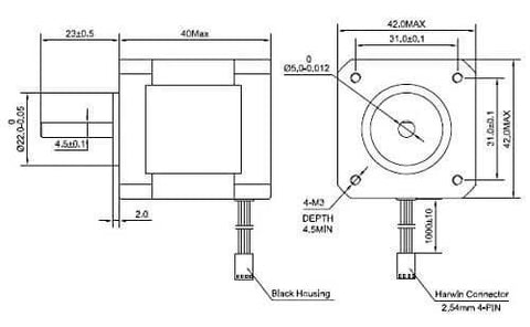 Technical drawing of Stepper Motor Nema 17 Bipolar 40mm 64oz.in(45Ncm) 2A 4 Lead 3D Printer Hobby CNC with dimensions.