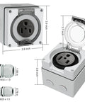 Beefy 50 Amp NEMA 6-50R Outdoor Weatherproof Outlet Box with dimensions and waterproof glands