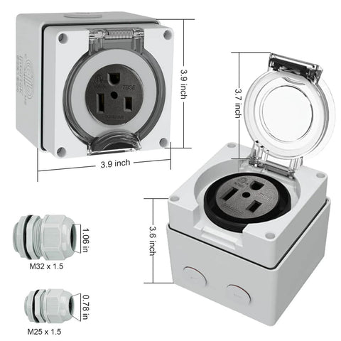 Beefy 50 Amp NEMA 6-50R Outdoor Weatherproof Outlet Box with dimensions and waterproof glands
