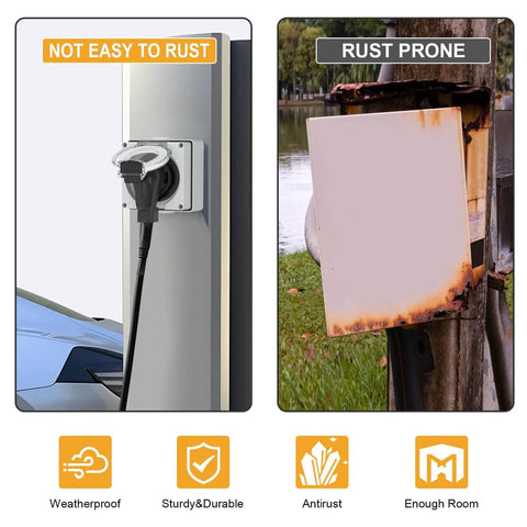 Comparison of installed Beefy 50 Amp NEMA 6-50R Outdoor Weatherproof Outlet Box with rust-prone box, shows durability and rust resistance.