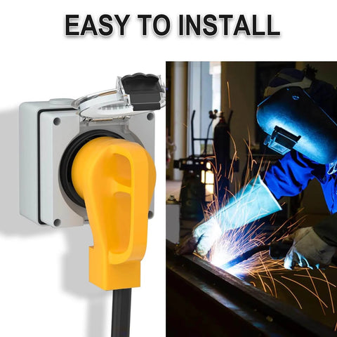 Close-up of Beefy 50 Amp NEMA 6-50R Outdoor Weatherproof Outlet Box with Waterproof Glands near welder using it for welding.