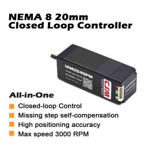NEMA 8 Integrated Closed Loop Stepper Motor,Pulse-Direction Control Interface,Built-in Encoder & Motion Controller & Driver,for CNC,3D Printer,Max0.038Nm,0.6A,16-24VDC (UIM2040PM) shown with closed-loop control and features label.